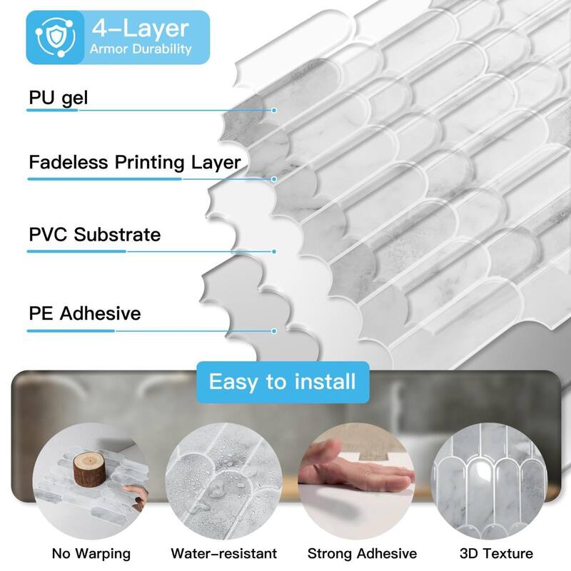 Art3d 10pcs Peel and Stick Backsplash Thickened Tiles, 12''x12'', Cover 10 Sq.Ft. - N/A