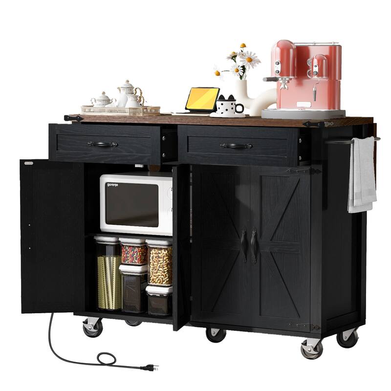 Farmhouse Kitchen Island with Power Outlet and Drop Leaf, Rolling Pantry Storage Cart with Spice Rack and Drawer for Dining Room