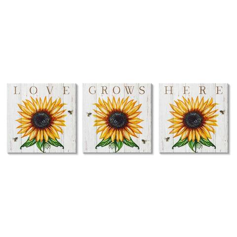Stupell Industries Love Grows Here Phrase Yellow Sunflowers Honey Bees 3pc Multi Piece Canvas Wall Art Set, 17 x 17