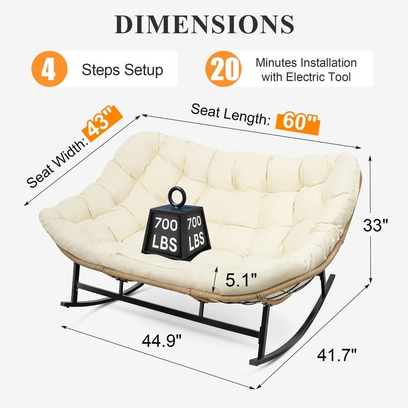FINCATI Outdoor Double Papasan Chair, Oversized Patio Rocking Chair, 700 lbs Indoor Wicker Rocking Chair for Two