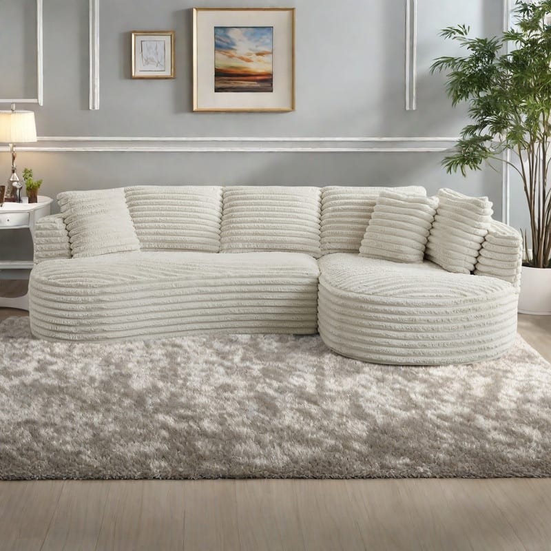 120.9" Corduroy Curved L-Shape Sectional Sofa with right recliner and Sleeper Function,No Assembly Required