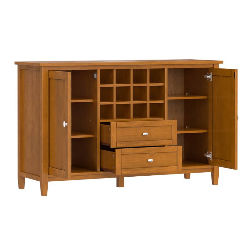 WYNDENHALL Norfolk Solid Wood 54" Wide Transitional Storage Cabinet with Wine Rack in Light Golden Brown - 18"D x 54"W x 34"H