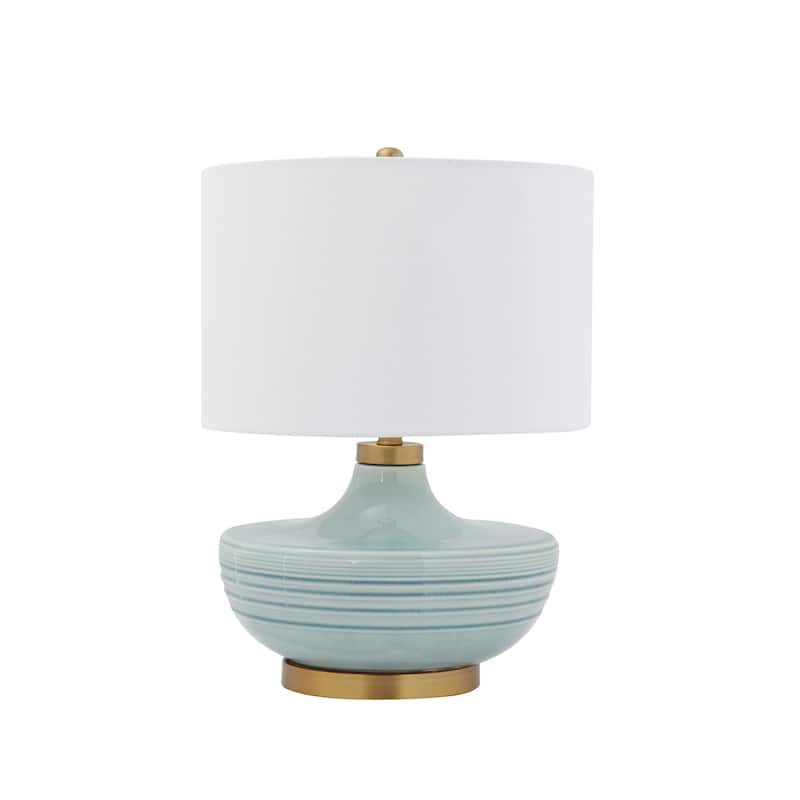 Striped Aqua Ceramic Table Lamp with White Linen Shade - Aqua
