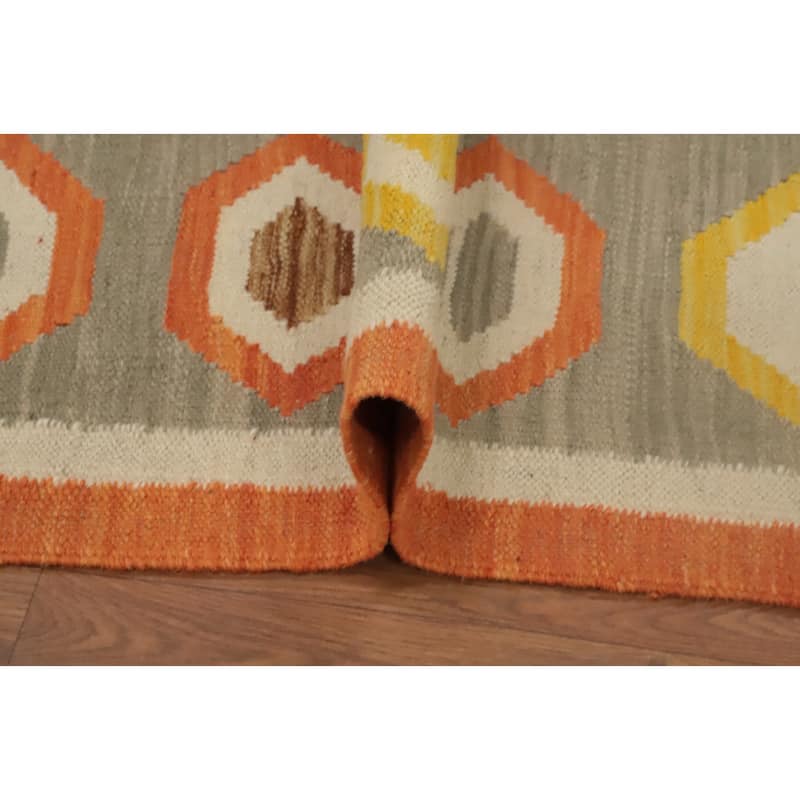 Hand Woven Oriental 100% Wool Carpet Southwestern Tribal Greys & Charcoal Kilim Runner Rug - 11' 6'' X 2' 8''