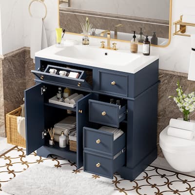36'' Solid Wood Bathroom Vanity with Resin Sink Combo, Freestanding Vanity Set with 3 Drawers& Adjustable Shelf