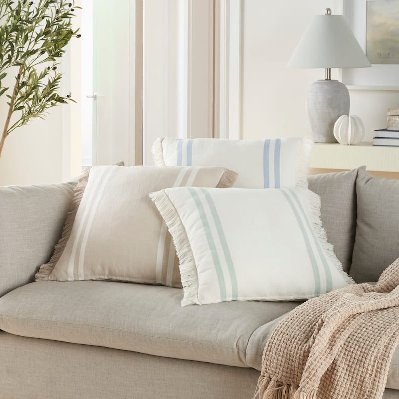 Mina Victory Lifestyle Cotton Linen Stripes 20" x 20" Ocean Indoor Throw Pillow