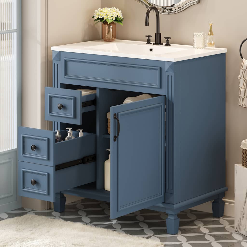 Small Bathroom Vanity with Sink, Freestanding Wood Bathroom Cabinet, Storage Cabinet with 2 Drawers & Adjustable Shelf