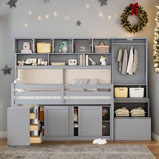 Twin Size Wooden Loft Bed with Desk, Drawers and Shelves, Grey