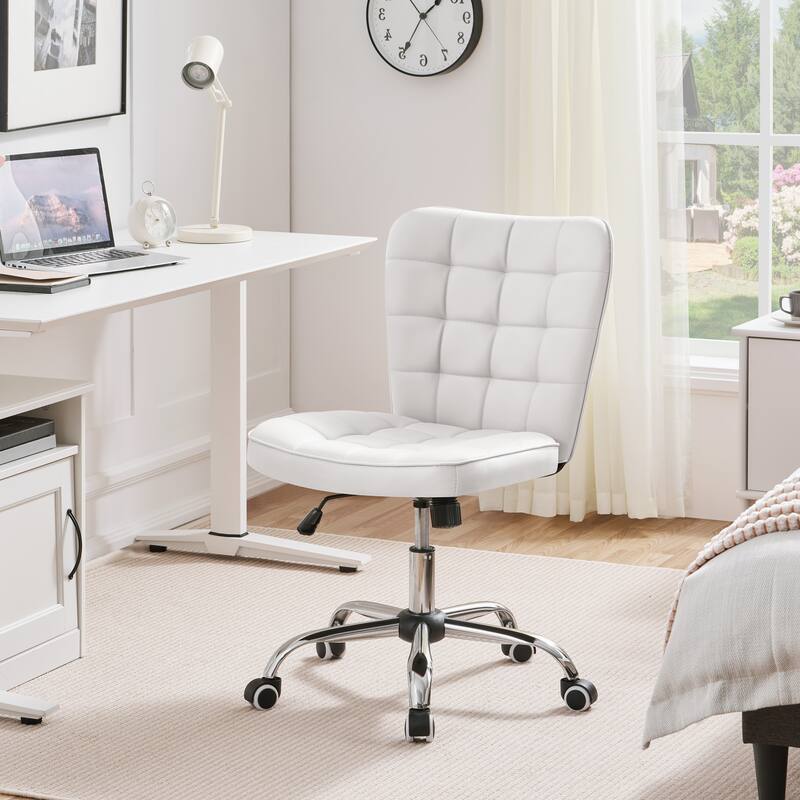 Yaheetech Modern Faux Leather Armless Desk Chair Task Chair with Chrome-finish Metal Base - N/A - White