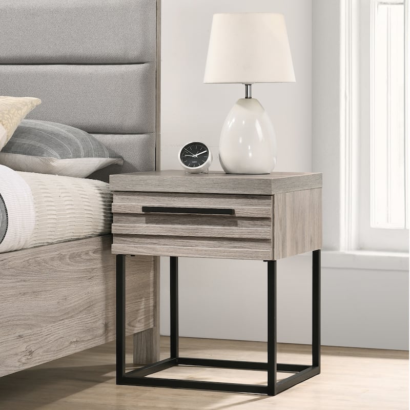 Roundhill Furniture Alvear Upholstered Wood Panel Bed, Dresser, Mirror, 2 Nightstands, and Chest, Weathered Gray