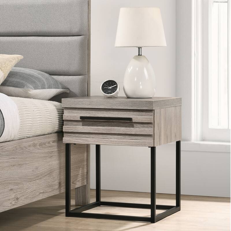 Roundhill Furniture Alvear Upholstered Wood Panel Bed, Dresser, Mirror, and 2 Nightstands, Weathered Gray