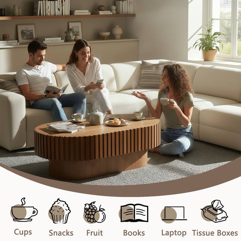 Oval Coffee Table for Living Room, Mid Century Modern Wooden Table with Pedestal, Unique Drum Tea Table Side Center Table