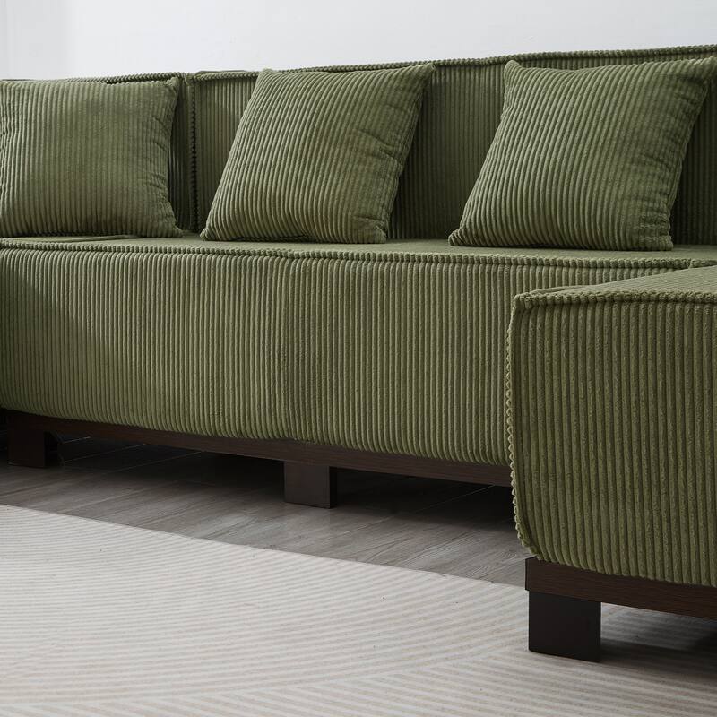 Modern U-Shaped Sectional Sofa Set Stripe Corduroy Upholstered Sofa with Light Strip and 6 Pillows