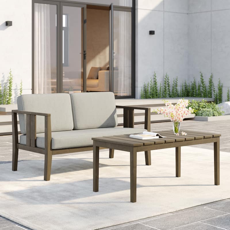 Uixe Teak Patio Loveseat with Coffee Table Outdoor Conversation Set - Black frame-Camel