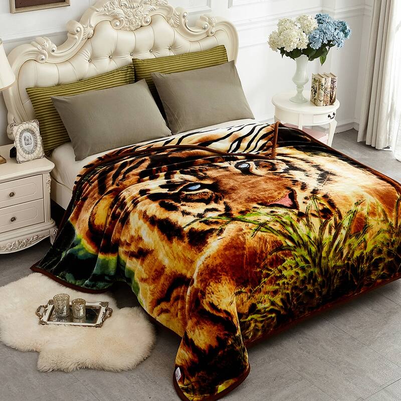 Raschel A&B Printed 2-ply Reversible Korean-style Plush Fleece Blanket - Queen - Brown Tiger