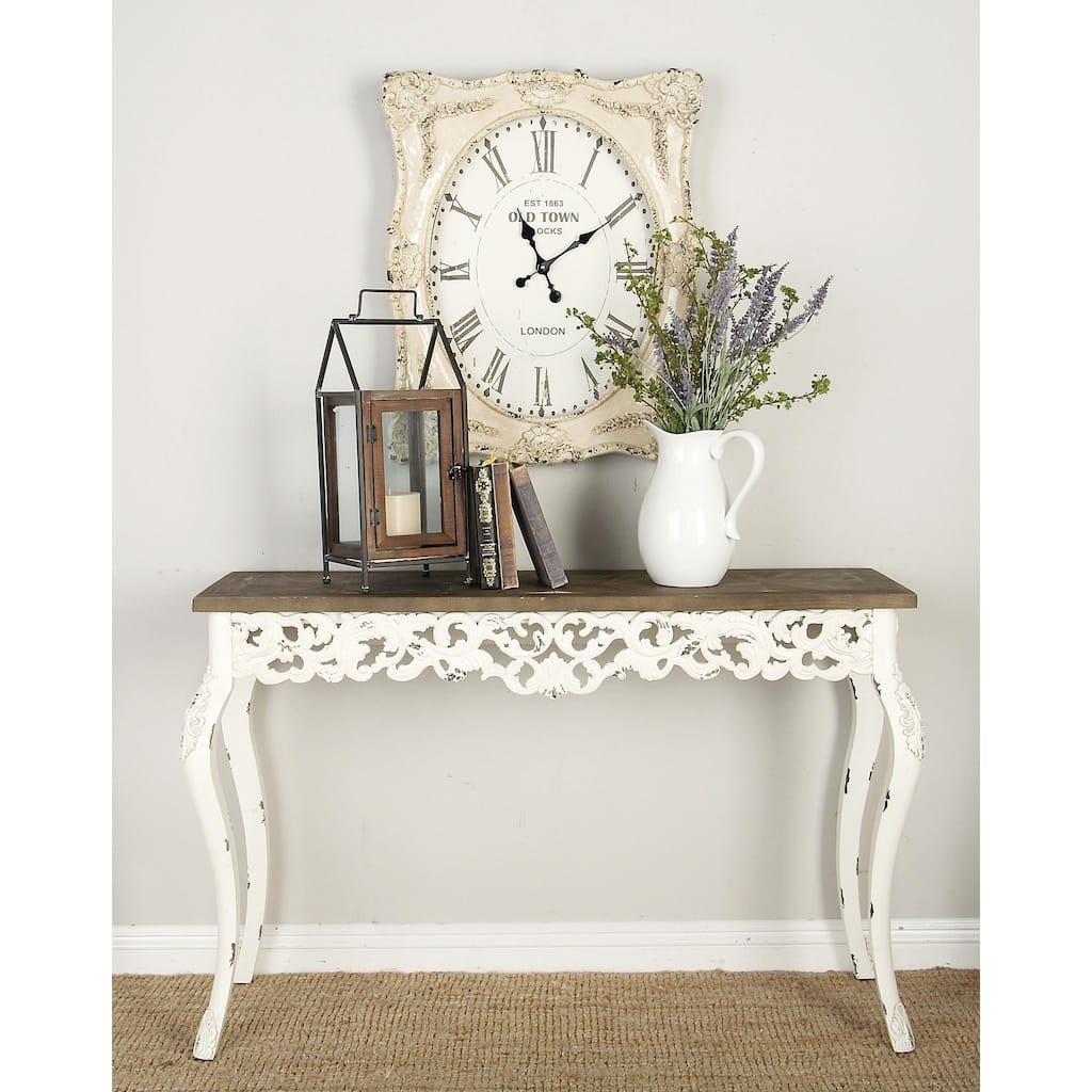 White Wood Intricately Carved Scroll Living Room Console Table with Brown Wood Top