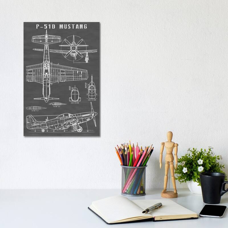iCanvas "P-51 Mustang Vintage Airplane In Black" by Action Blueprints Canvas Print - 12x8x0.75
