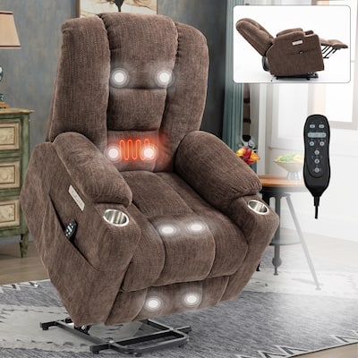 Overstuffed Wide Recliners, Large Power Lift Recliner Chair with Massage and Heat for Elderly, 2 Steel Cup Holders, Brown