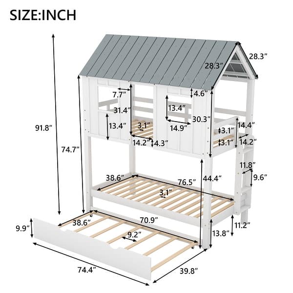 Twin Size House Bunk Bed with Trundle, Roof and Windows