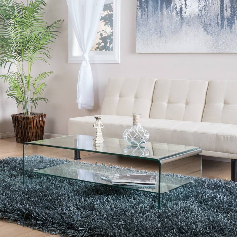 43.25" Modern Tempered Glass Coffee Table with Open Lower Shelf for Living Room