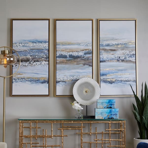 slide 2 of 6, Blue Canvas Landscape Framed Wall Art with Gold Frame (Set of 3) SET/3 20"W, 40"H - Metal - Blue