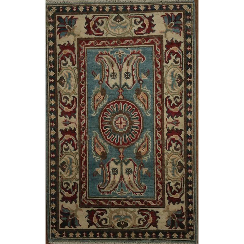 Hand Knotted Oriental 100% Wool Carpet Traditional Geometric Navy Blue & Blues Kazak Area Rug - 3' 1'' X 2' 2''