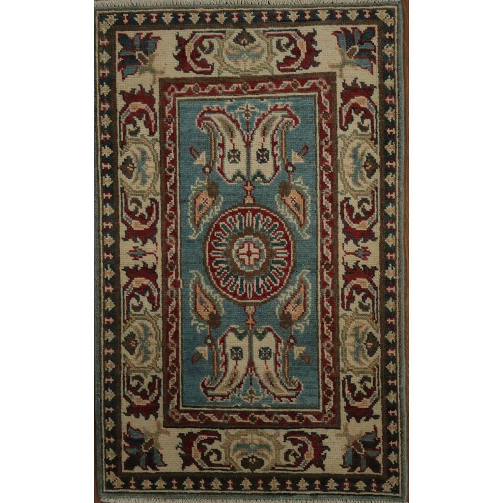 Hand Knotted Oriental 100% Wool Carpet Traditional Geometric Navy Blue & Blues Kazak Area Rug - 3' 1'' X 2' 2''