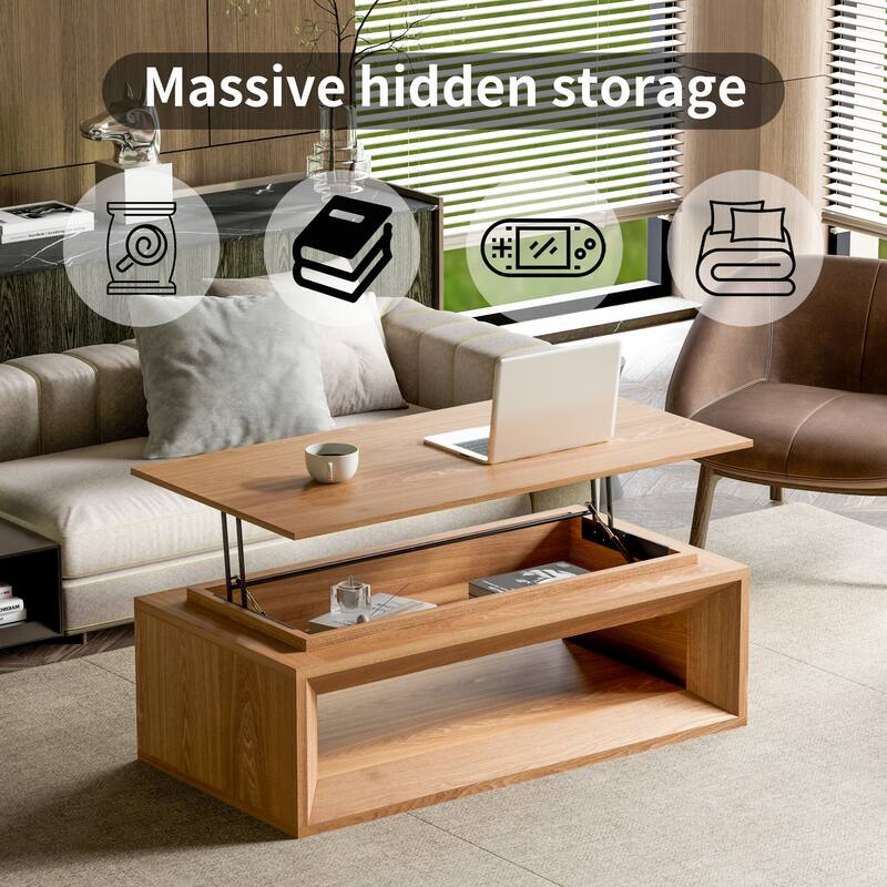 43.3" Lift Top Rectangle Coffee Table with Storage, Coffee Table with Floating Tabletop, Convertible Rising Tabletop