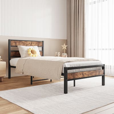 Metal Bed Platform Bed Frame w/Rustic Vintage Wood Headboard & Footboard, Metal Slats Support, No Box Spring Needed, Noise-Free