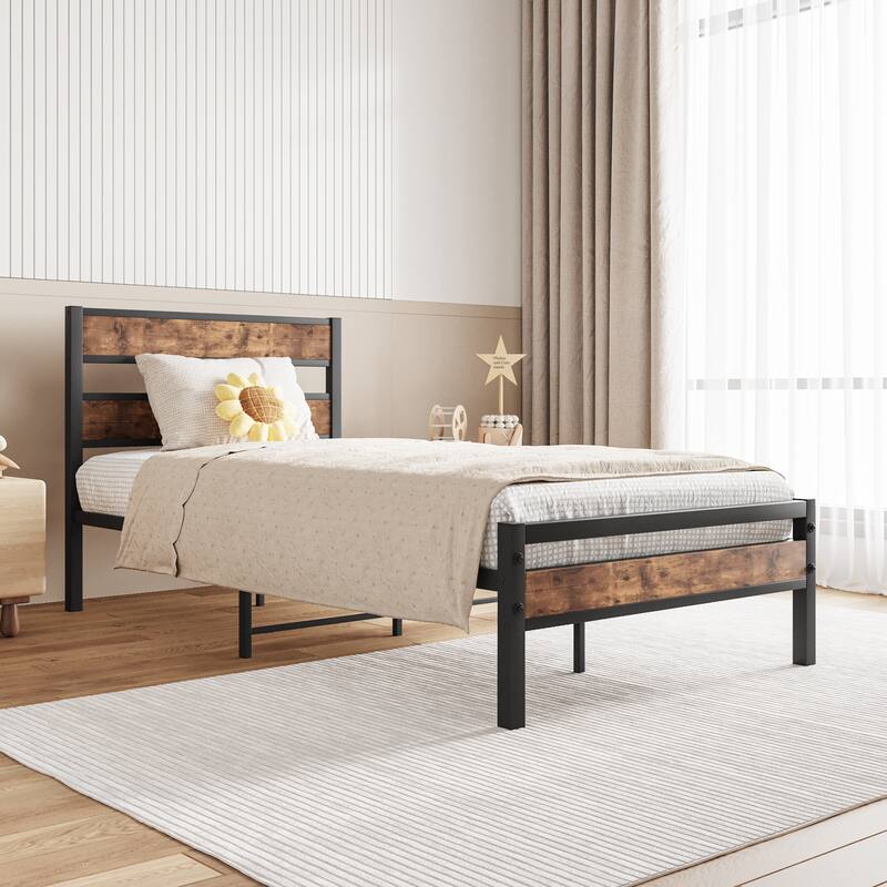 Twin Size Platform Bed Frame with Rustic Wood Headboard, Strong Metal Slats, No Box Spring Needed