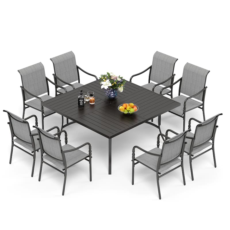 MAISON ARTS 9-Piece Patio Dining Set with Square/Rectangular Metal Table and 8 Gourd Head Shape Armrest Dining Chairs