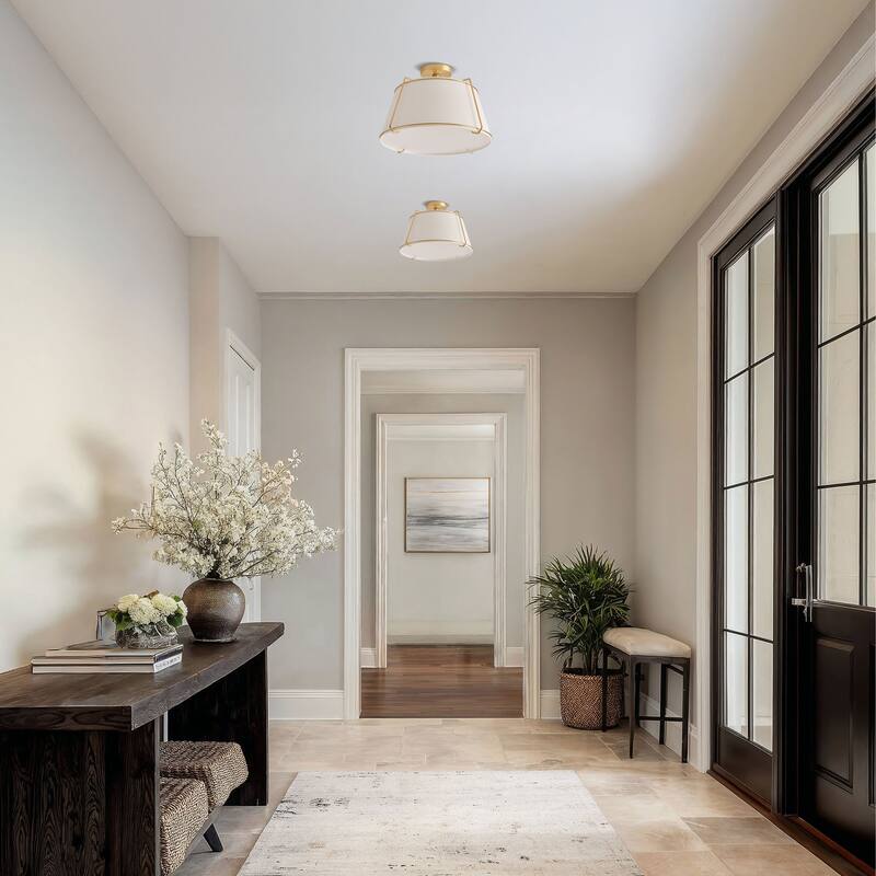 Crest Semi-Flush Mount - Metal, Fabric & Gold, Ivory White Ceiling Light for Bedroom or Hallway in Modern, Transitional Style