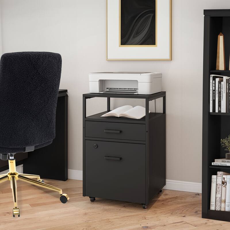 Compact Rolling File Cabinet with Lock, USB Port & Power Outlet - Black