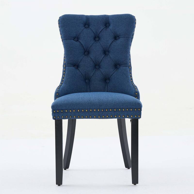High-end Tufted Solid Wood Linen Dining Chair with Wood Legs Nailhead Trim 2-Pcs Set