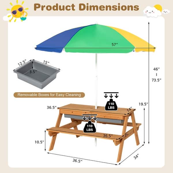 dimension image slide 2 of 3, Costway 3-in-1 Kids Picnic Table Wooden Outdoor Sand & Water Table - See Details