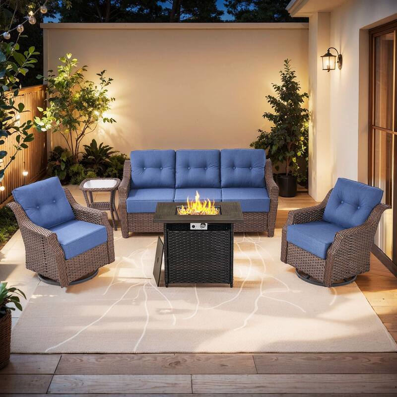 Outdoor Furniture Set with Propane Gas Fire Pit Table - Brown Wicker & Blue Cushion - 5-Piece Sofa Chair with Square Fire Table