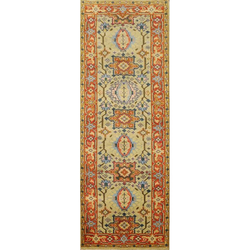 Hand Knotted Oriental 100% Wool Carpet Transitional All-Over Yellow & Gold Oushak Runner Rug - 7' 11'' X 2' 7''