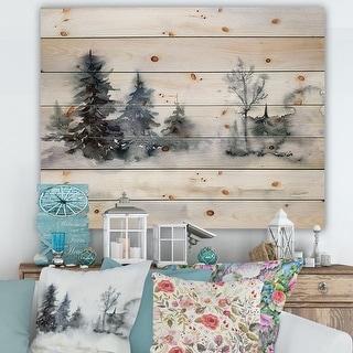 Designart 'Christmas Minimalistic Forest Landscape and Snow' Lake House Print on Natural Pine Wood