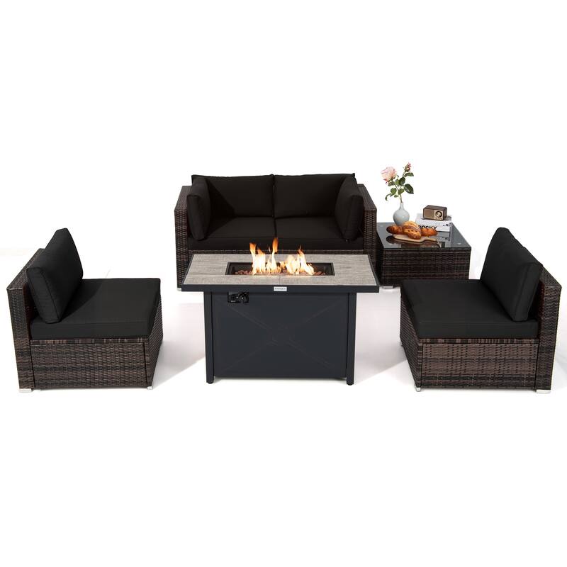 Costway 6PCS Patio Furniture Set Rattan Cushioned Sofa Gas Fire Pit - See Details