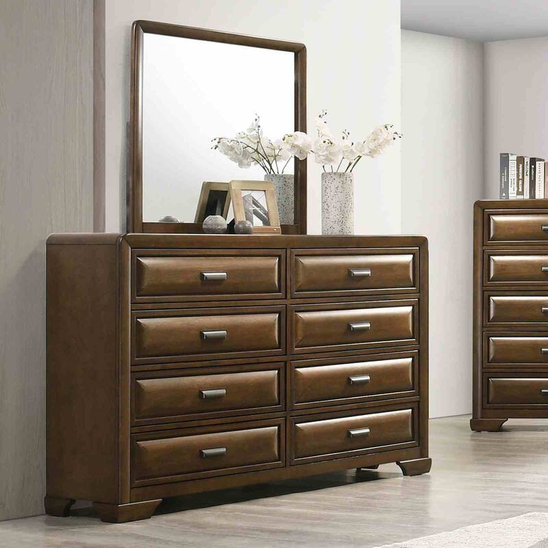Brown and Gray Upholstered 4Pc Bedroom Furniture with Headboard Smooth-Glide Drawers