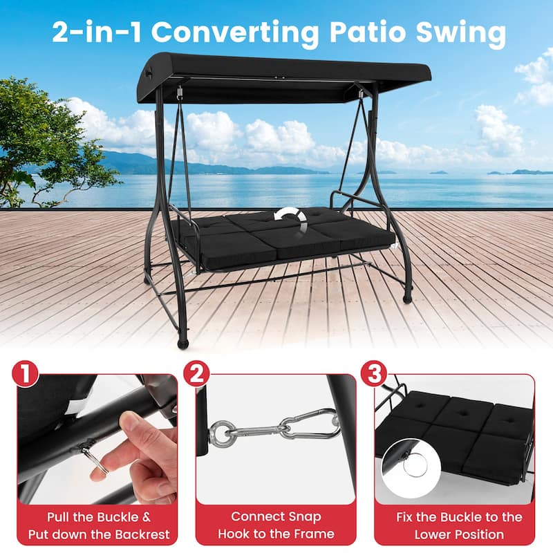 3 Seat Outdoor Porch Swing with Adjustable Canopy - 71" x 47" x 70"