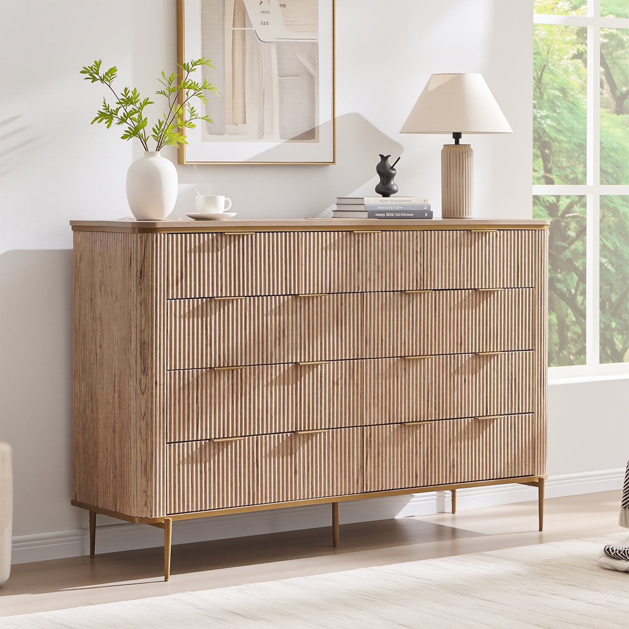 Modern Fluted 9 Drawer Dresser, Wooden Chest of Drawers for Bedroom