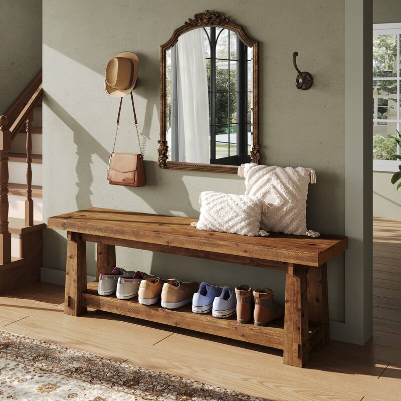 55" Solid Wood Entryway Bench with Shoe Storage, Charred Wood Grain