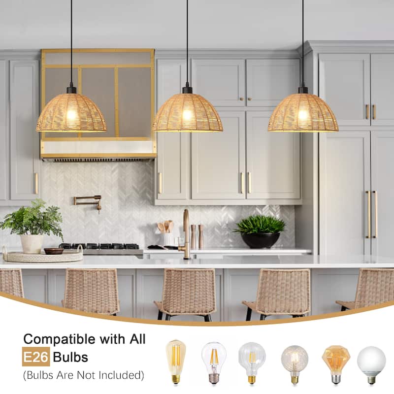 1-Light Dome Hanging Pendant Light Chandelier with Paper Rattan Shaded for Kitchen Island