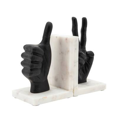 Set of 2 Metal Hand Sign Bookends Contemporary Marble Thumbs Up Peace Sign Black and White Bookends Book - 5" x 4" x 8"
