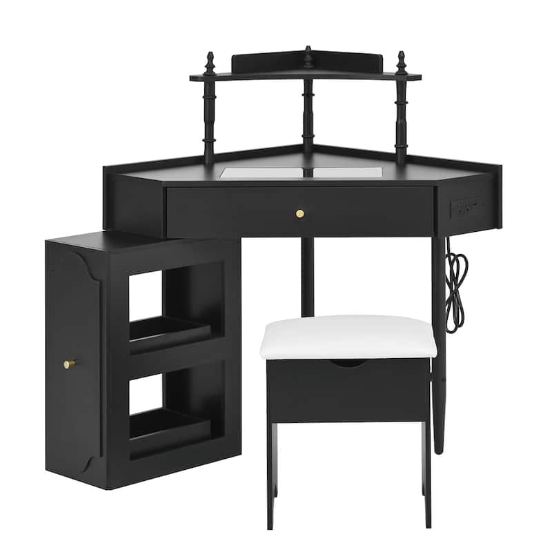 Triangle Makeup Desk with Removable Pull-Out Side Cabinet, Glass Tabletop Makeup Vanity with Drawer and Shelf