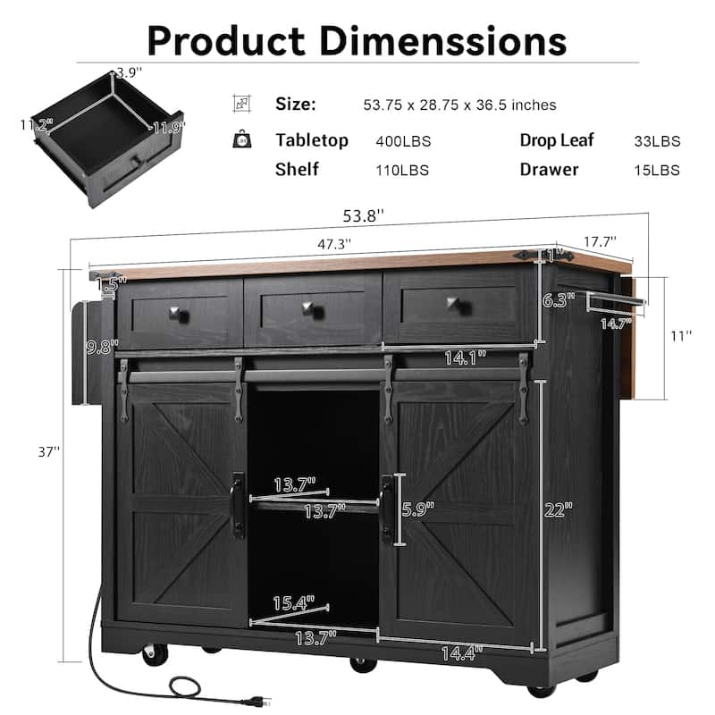 Kitchen Island Cart on Wheels with Power Outlet, Sliding Barn Doors Kitchen Island, Rolling Island Cart with Drop Leaf & Drawer