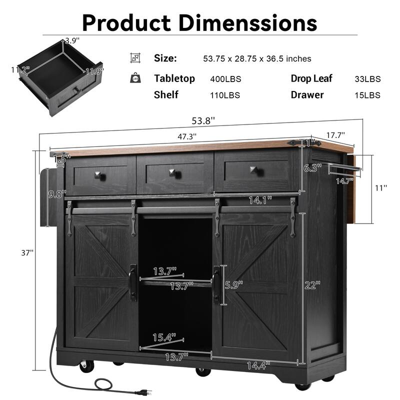 MDF Kitchen Cart with Power Outlet and Spice Rack and Drawer