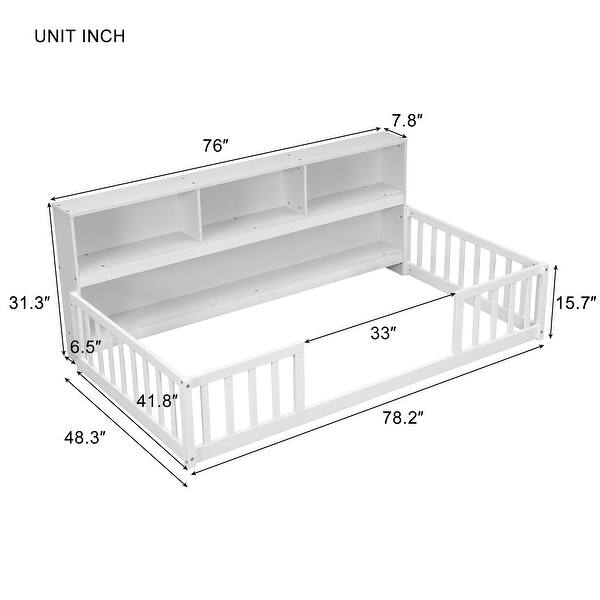 dimension image slide 1 of 4, Floor Bed Wood Bed Frame with Bookcase Headboard, Without Slats Space-Optimizing Floor Bed with Guardrails Easy Assembly