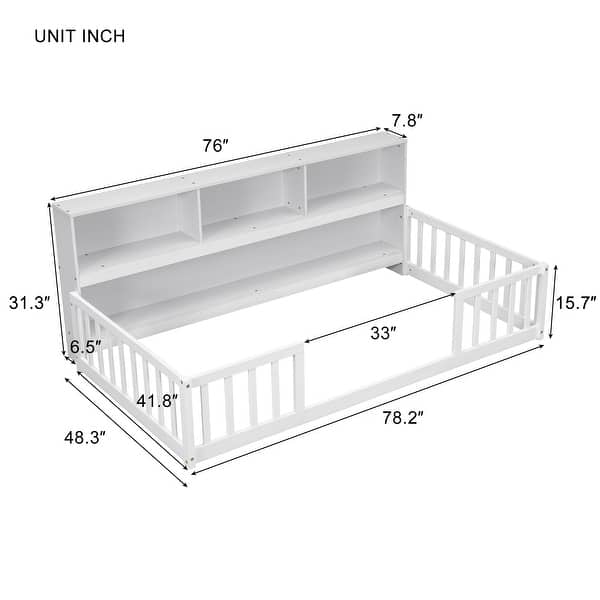Twin Size Floor Bed with Bedside Bookcase and Shelves and Guardrails